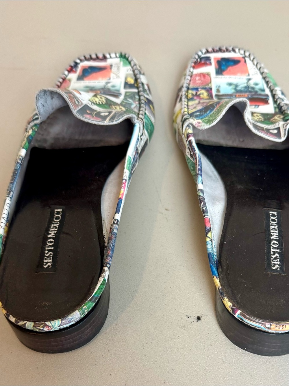 Vintage Sesto Meucci Made In Italy Postage Stamp Print Moccasins Mules Size 9.5 - Picture 6 of 12